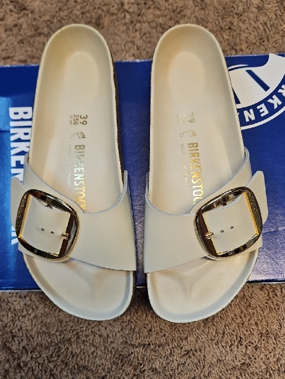 Birkenstock Madrid Big Buckle High Shine Sandals in Ecru - Picture 2 of 7